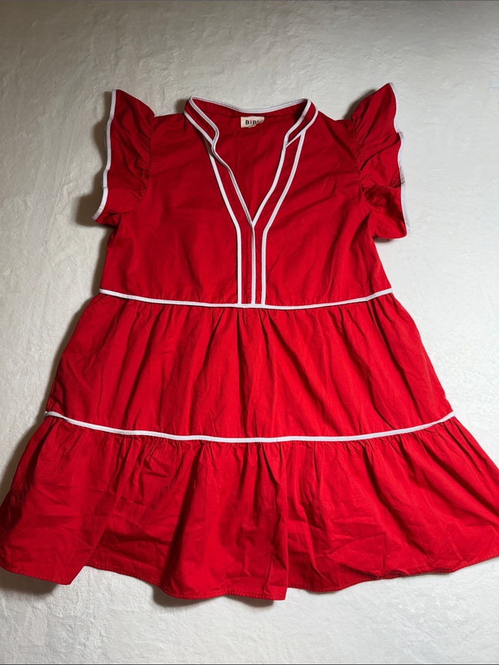 BiBi Cherry Red Tiered Cotton Dress with White Piping Trim - Picture 8 of 8